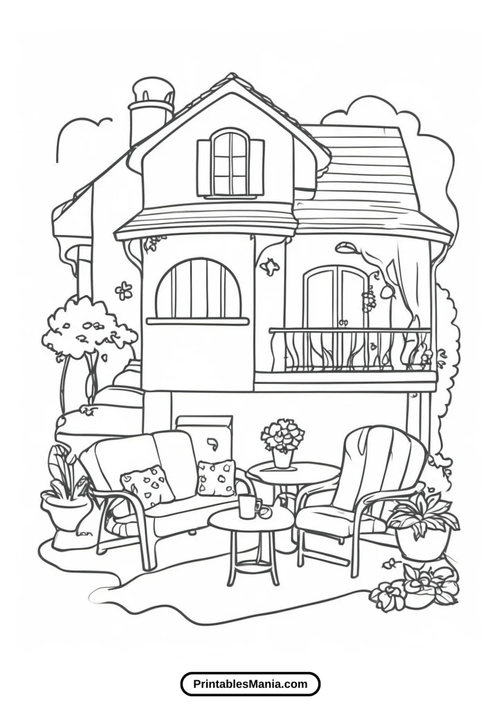 house coloring page with holiday decorations