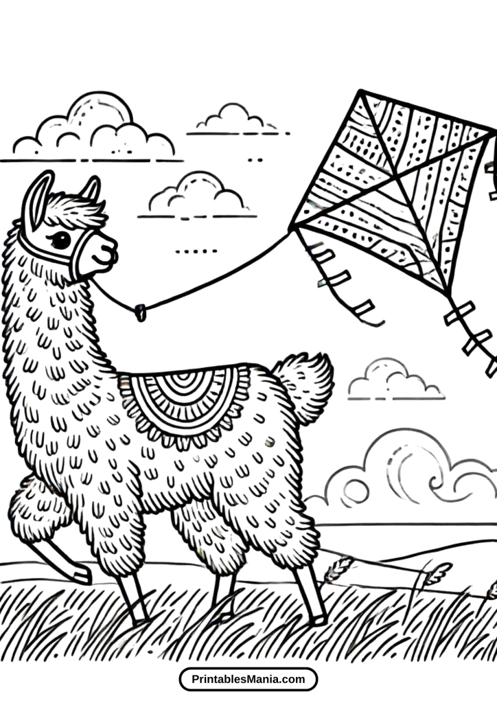 llama flying a kite coloring page on a breezy day