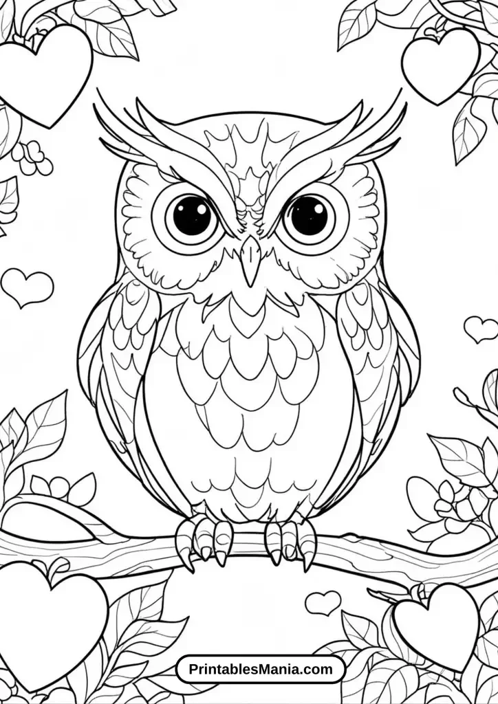 owl coloring page with hearts and love-themed elements