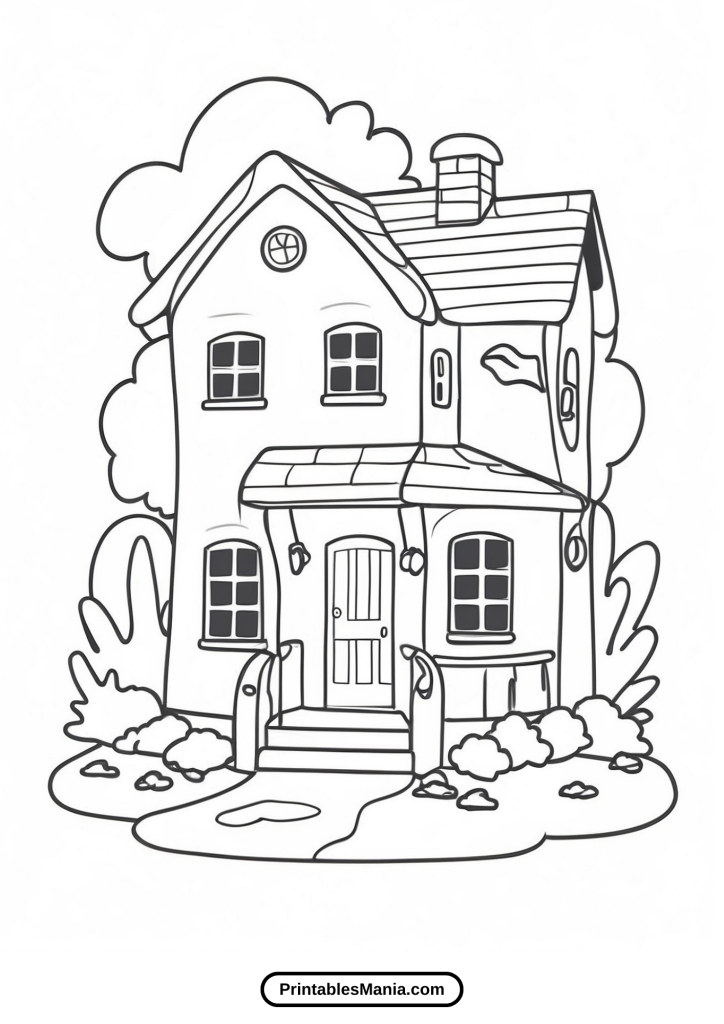 house coloring page with an apartment building