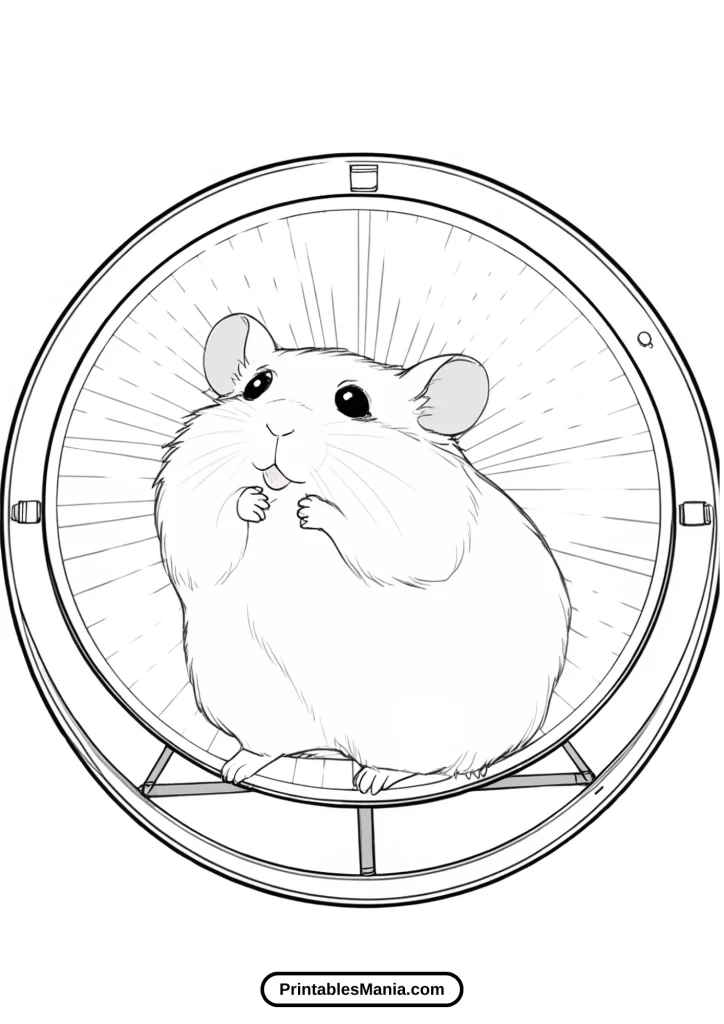 hamster coloring page with an exercise wheel