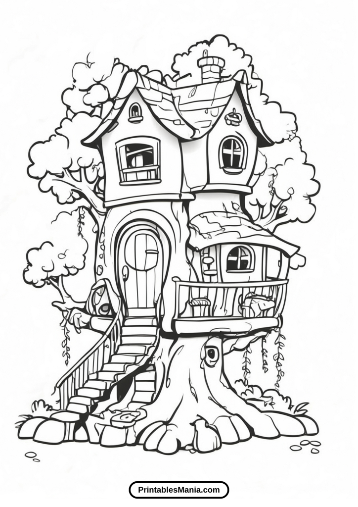 house coloring page with a treehouse