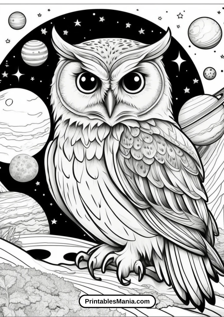 owl coloring page with a space theme and planets