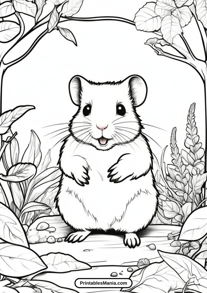 hamster coloring page with a natural setting