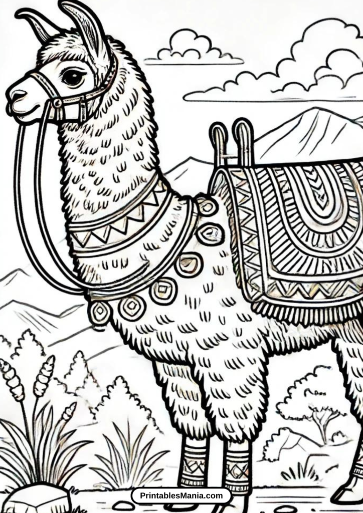 llama with Peruvian saddle coloring page