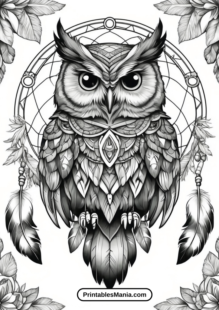 coloring page of an owl with a dreamcatcher