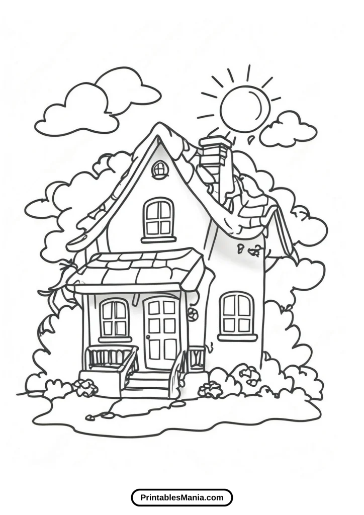 house coloring page with a sunny sky