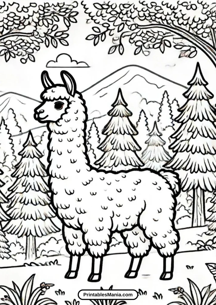 llama in a dense forest coloring page