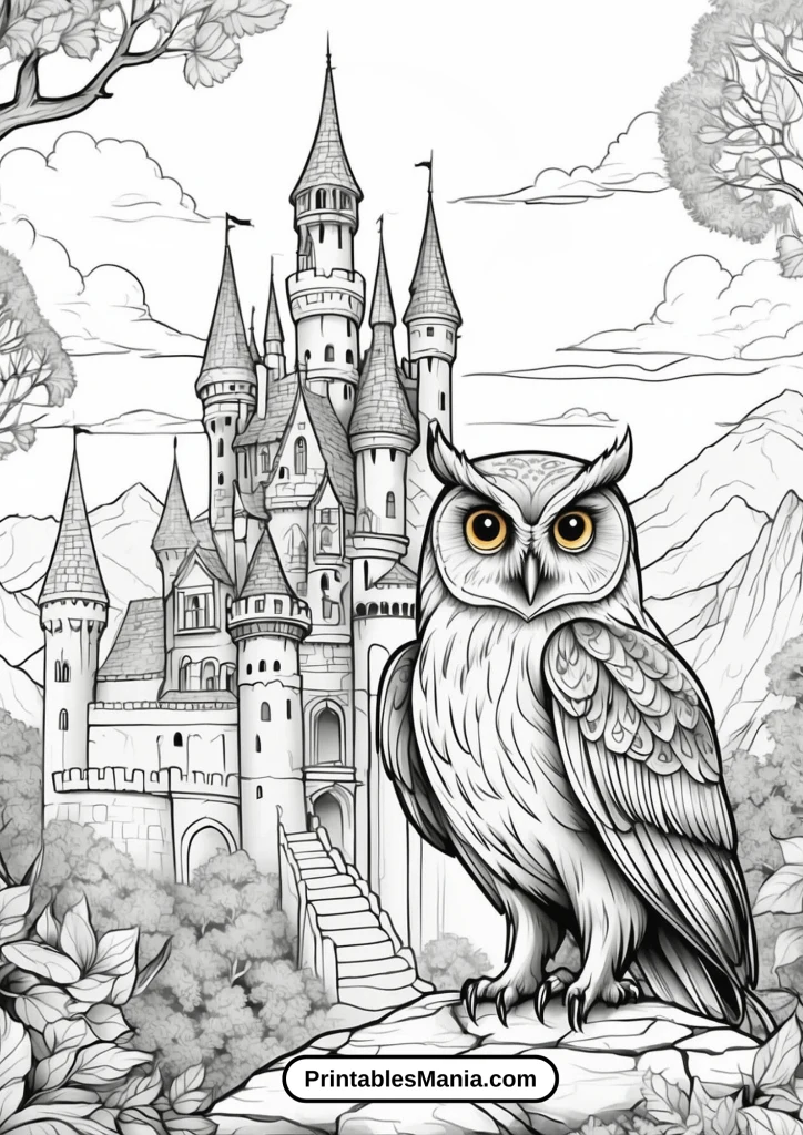 owl coloring page with fantasy castle background