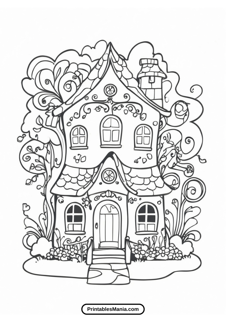 house coloring page with trees and bushes