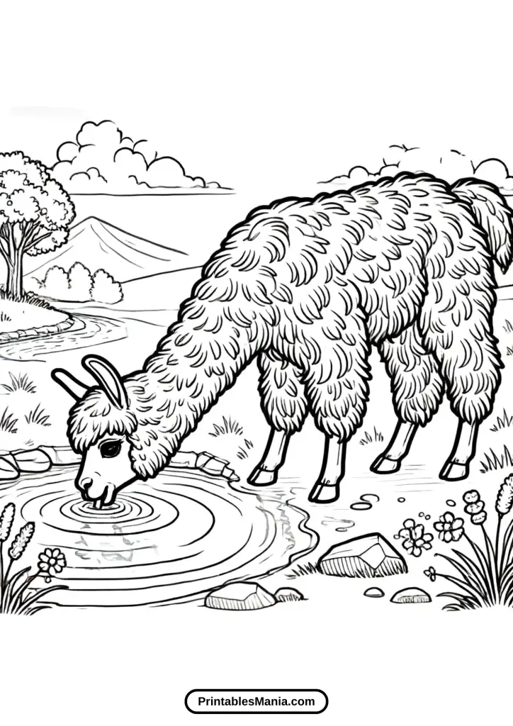 llama drinking from a stream coloring page