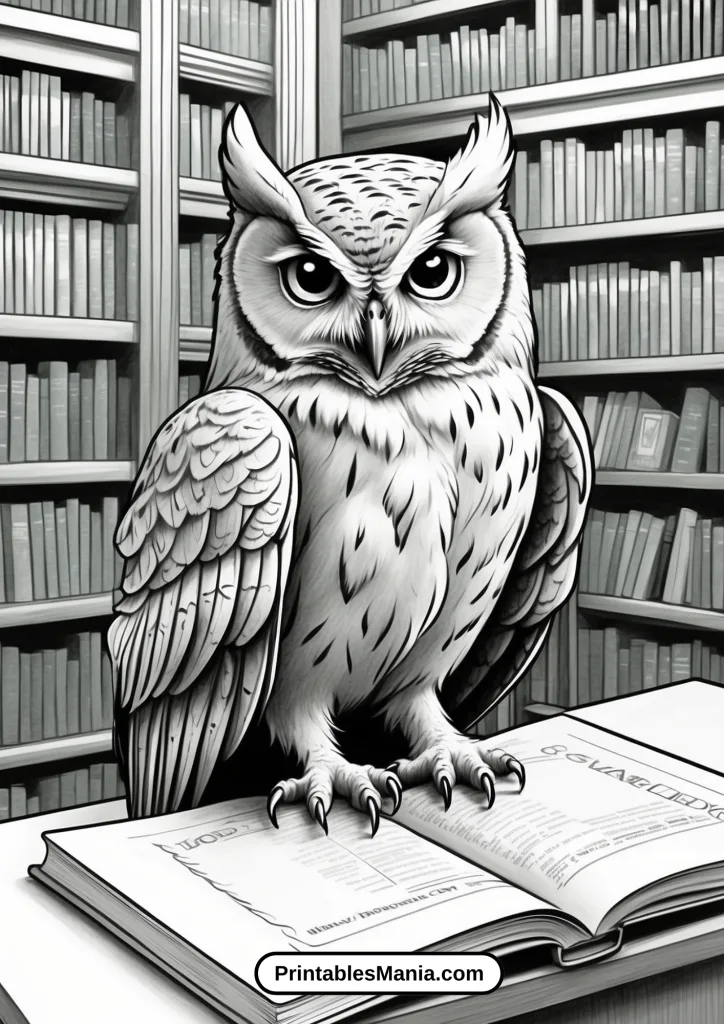 coloring page of an owl reading a book in a library