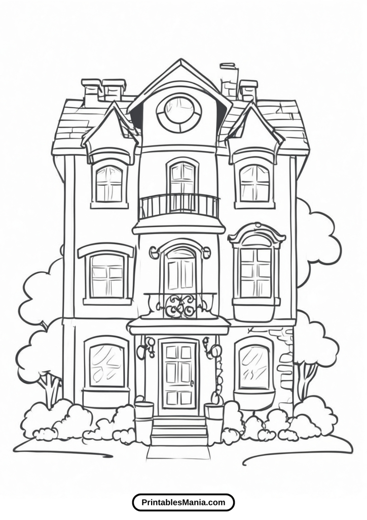 house coloring page with a two-story building