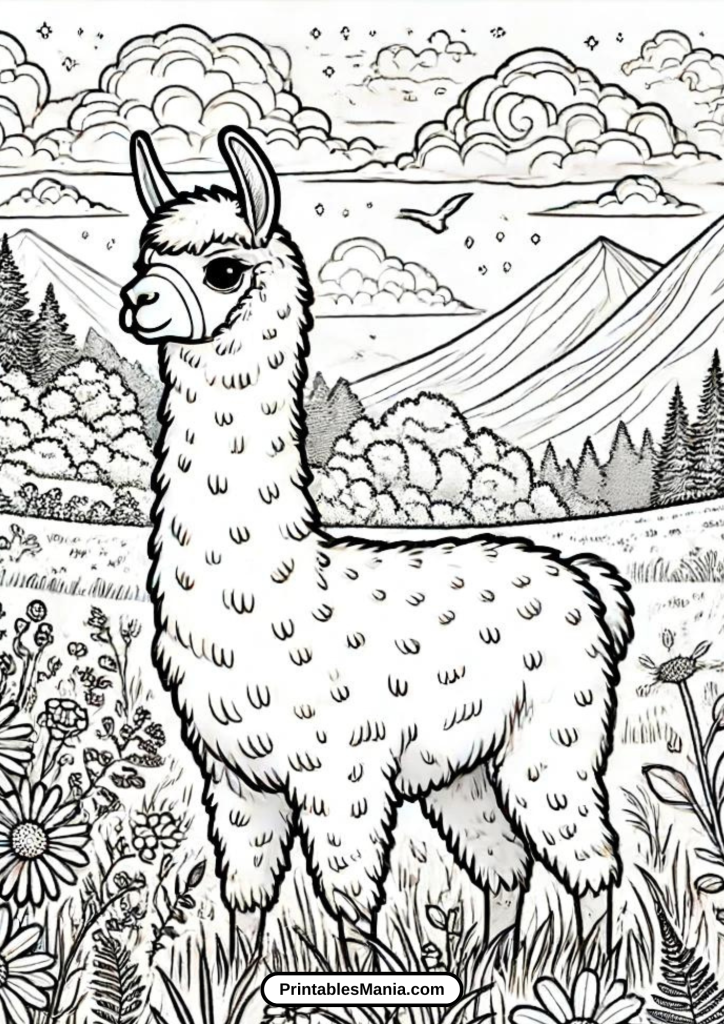 llama in a fantasy land coloring page