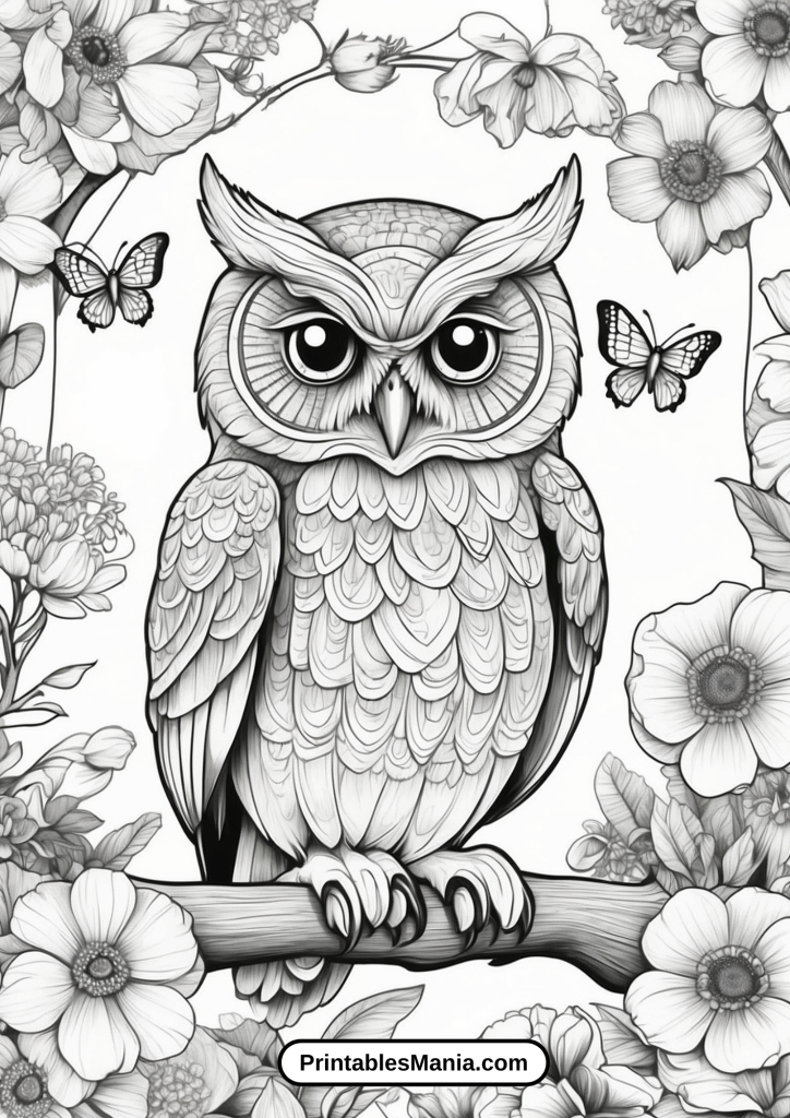 owl coloring page with spring flowers