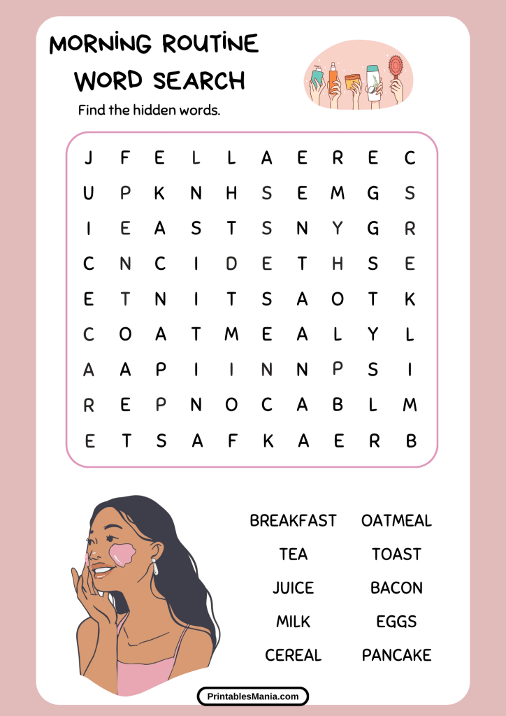 morning routine word search with words like breakfast, shower, and coffee