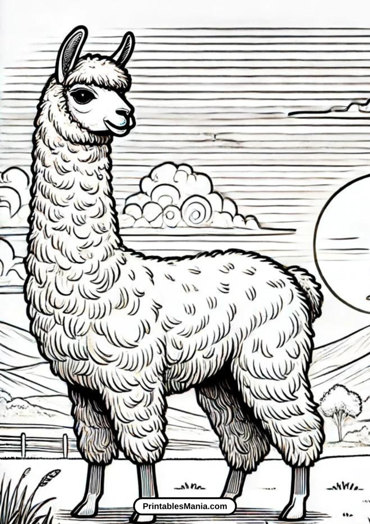 llama coloring page with a stunning sunset backdrop and vibrant colors