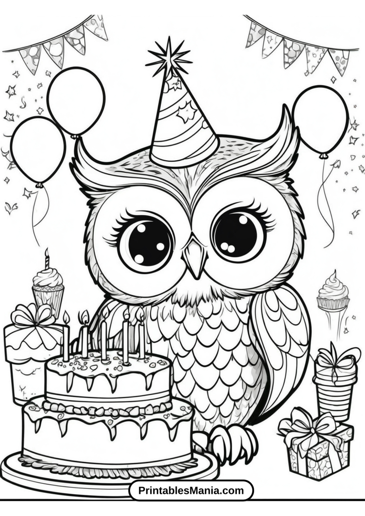 cute owl coloring page with a birthday theme