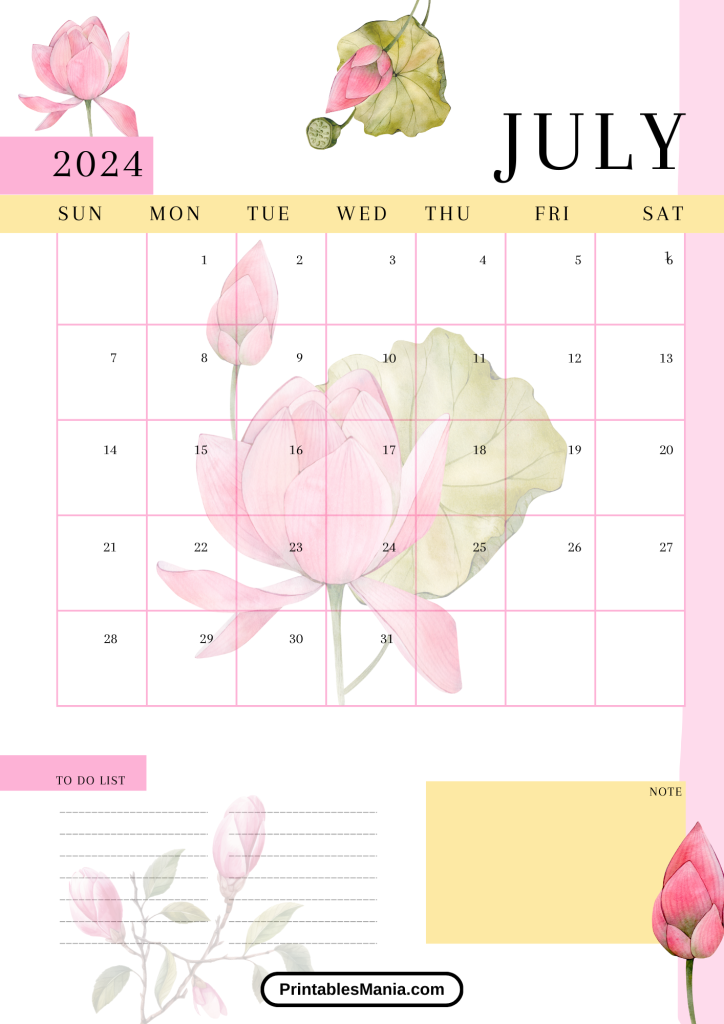 july 2024 calendar printable with floral design