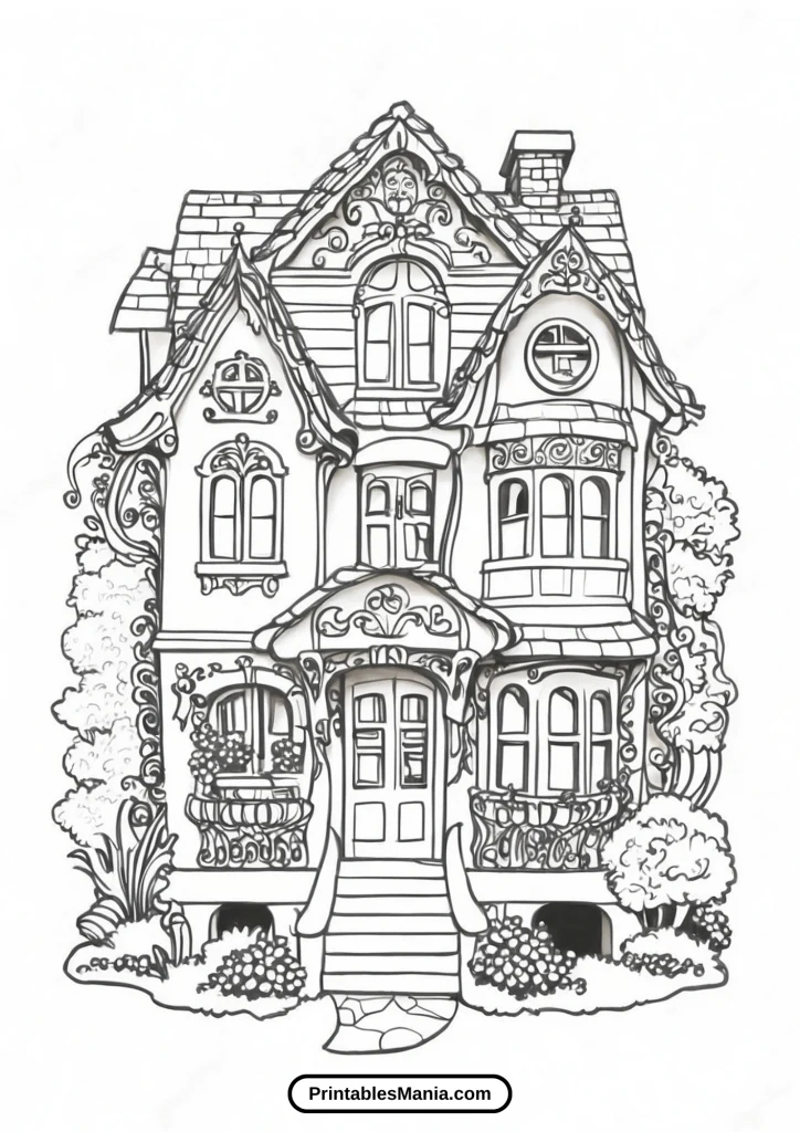 house coloring page with a garden