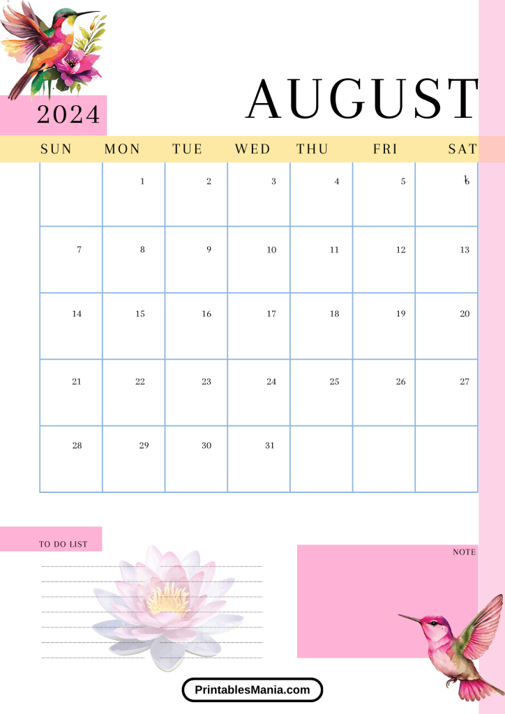 free downloadable calendar for August 2024 with notes section