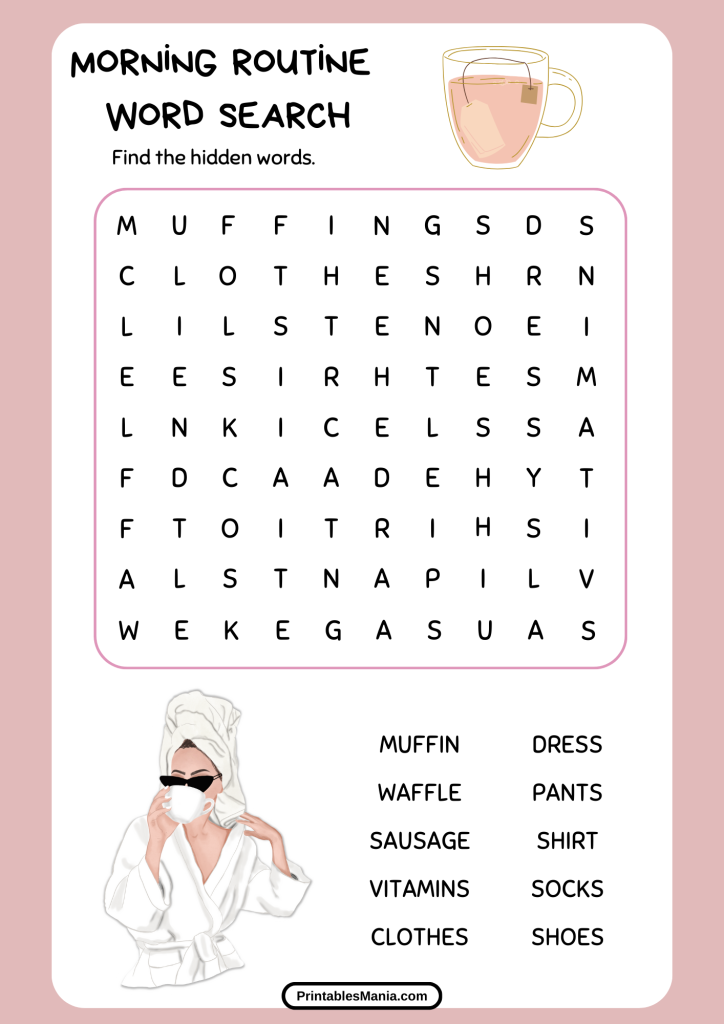 printable morning routine word search for daily vocabulary practice