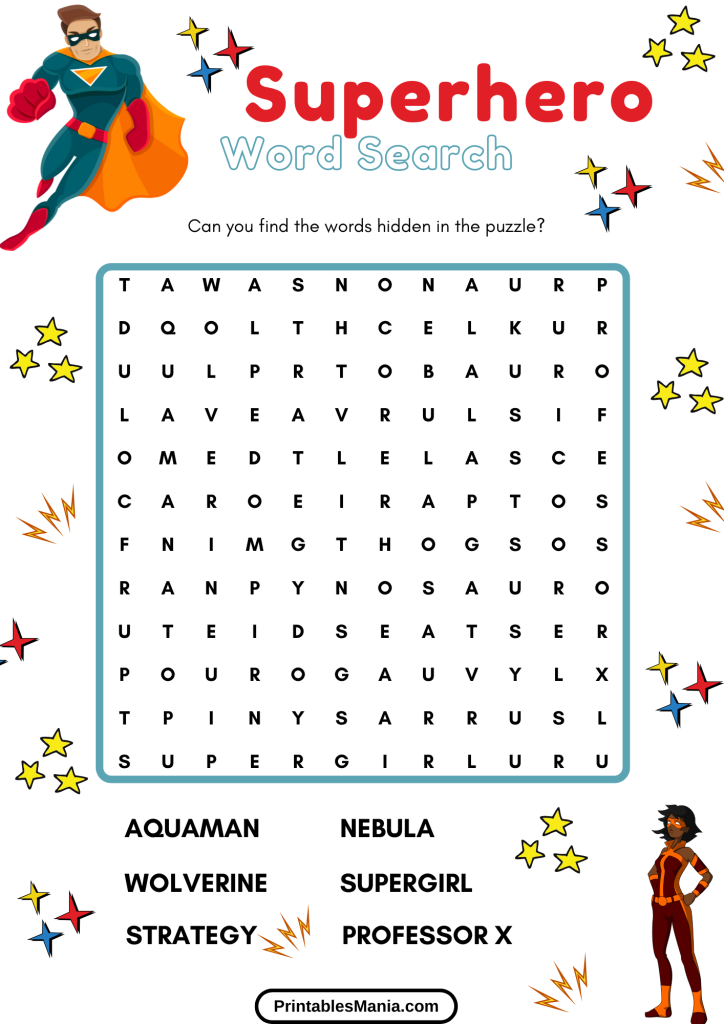 Superhero-themed Word Search Puzzle With Hidden Avenger Names