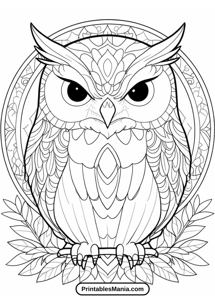 detailed owl coloring page for adults with intricate patterns