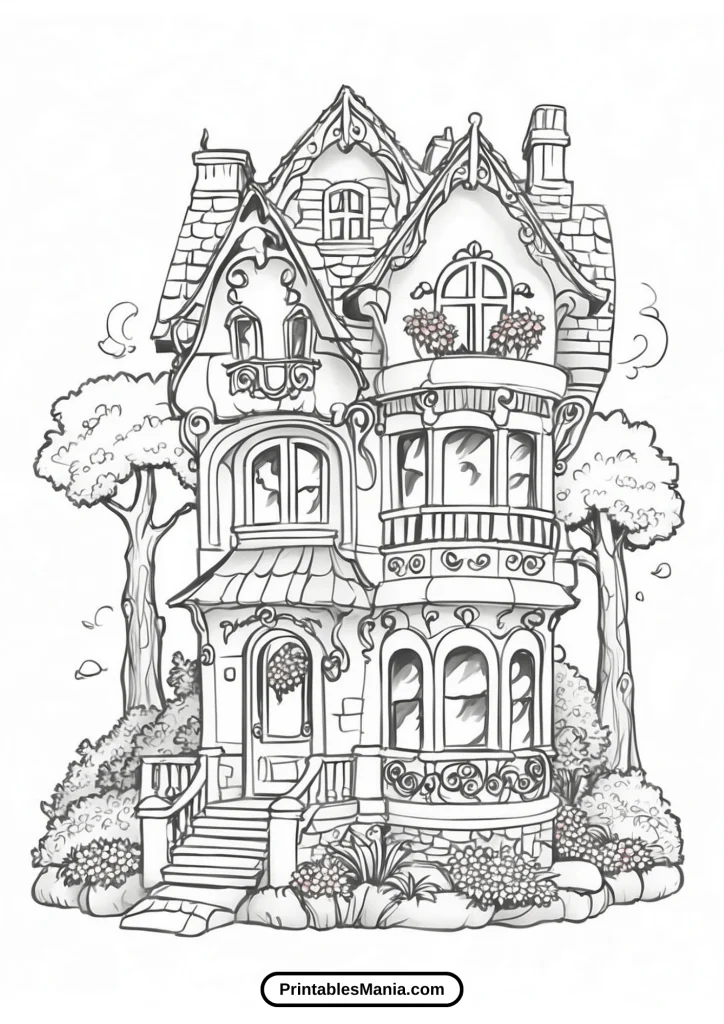 cute house coloring page with flowers