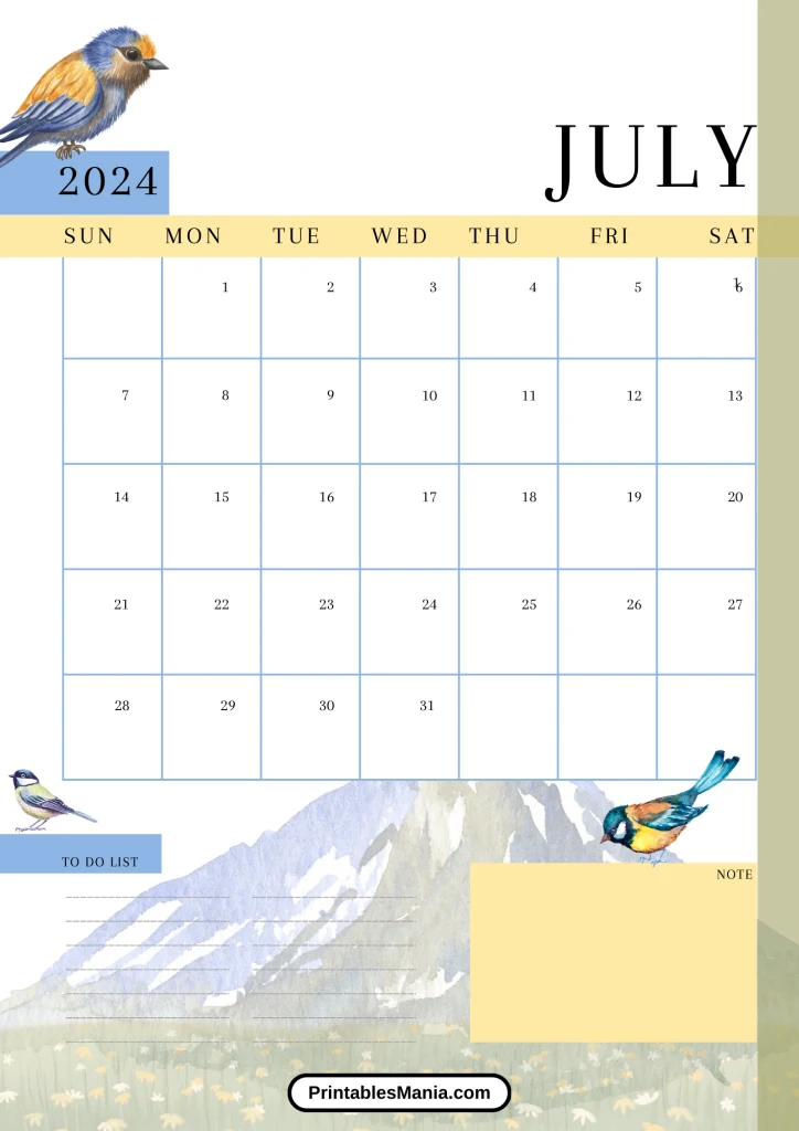 july 2024 calendar with notes section