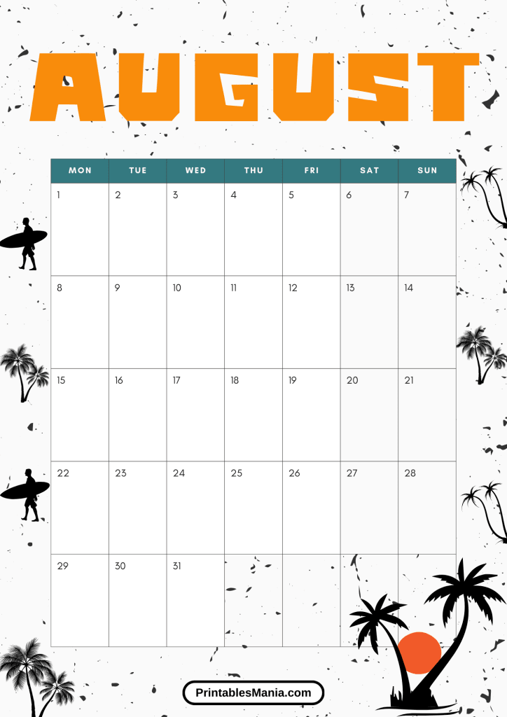 stylish August 2024 calendar with tropical design for summer planning