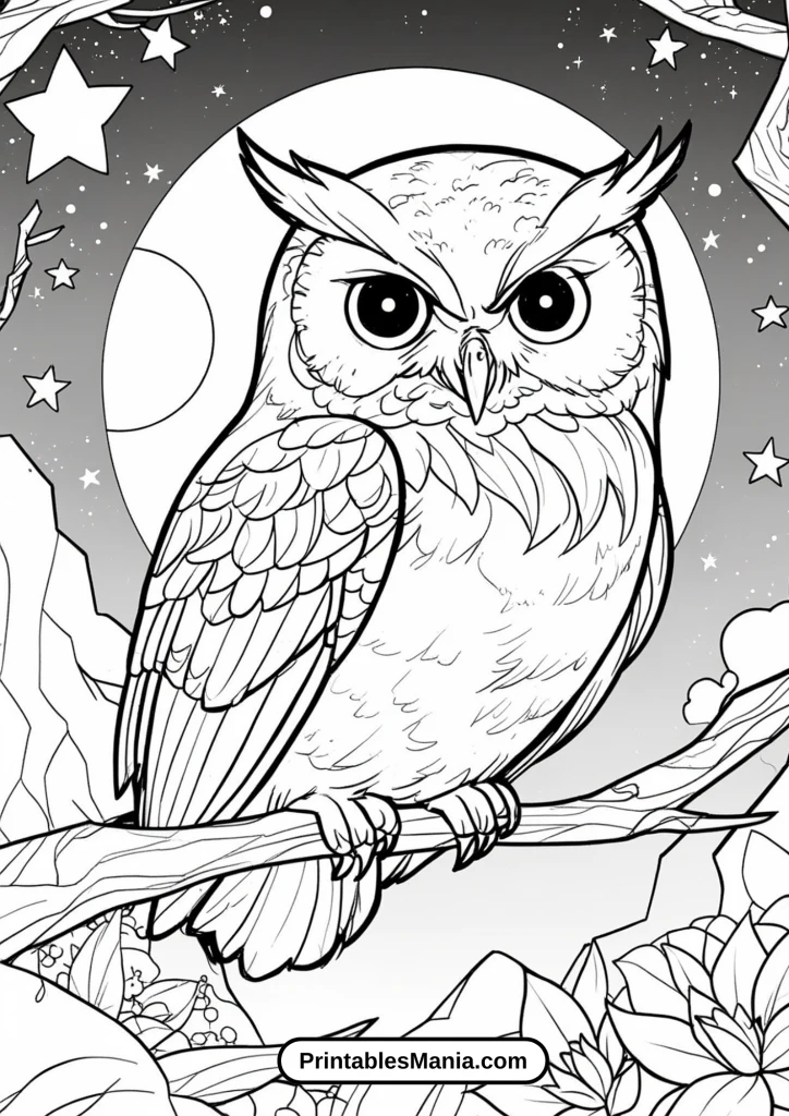 owl coloring page featuring an enchanted forest