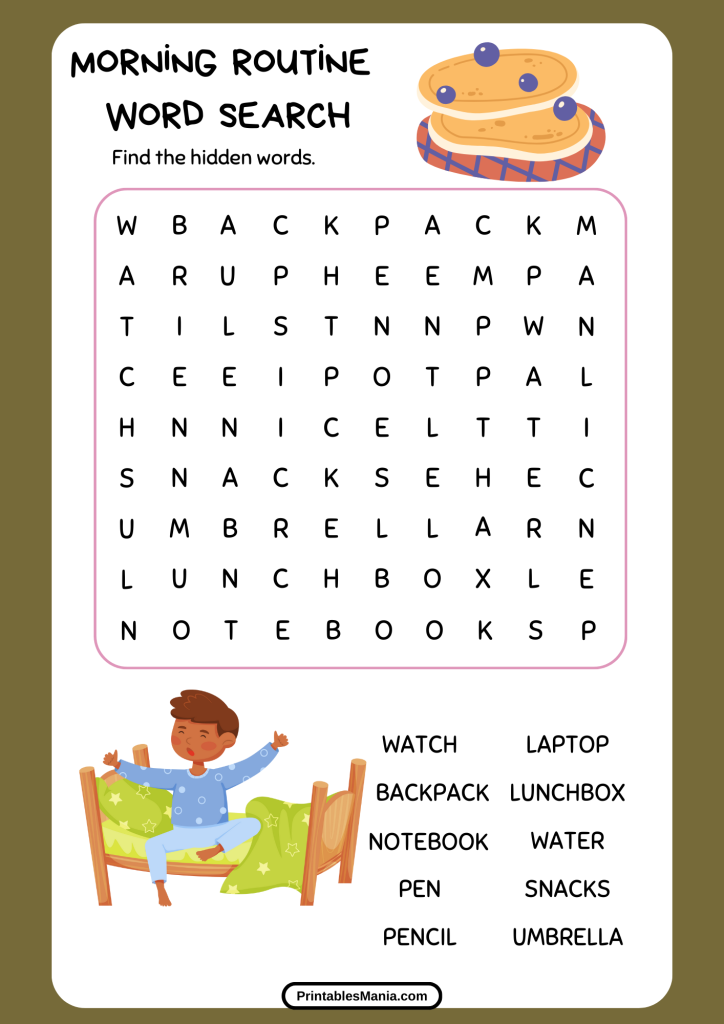 morning routine word search puzzle with colorful breakfast illustrations