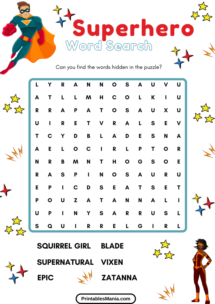 Colorful Superhero Word Search Puzzle With Batman And Superman