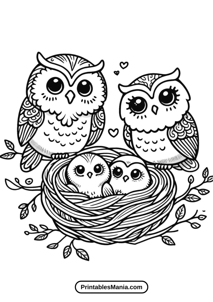 owl family coloring page with baby owls in a nest