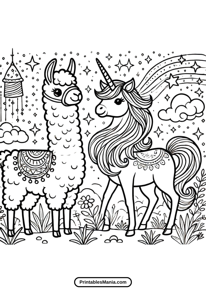 unicorn llama coloring page