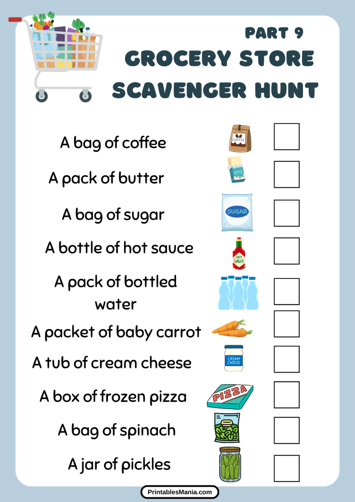 Printable Grocery Store Scavenger Hunt Checklist On A Shopping Cart