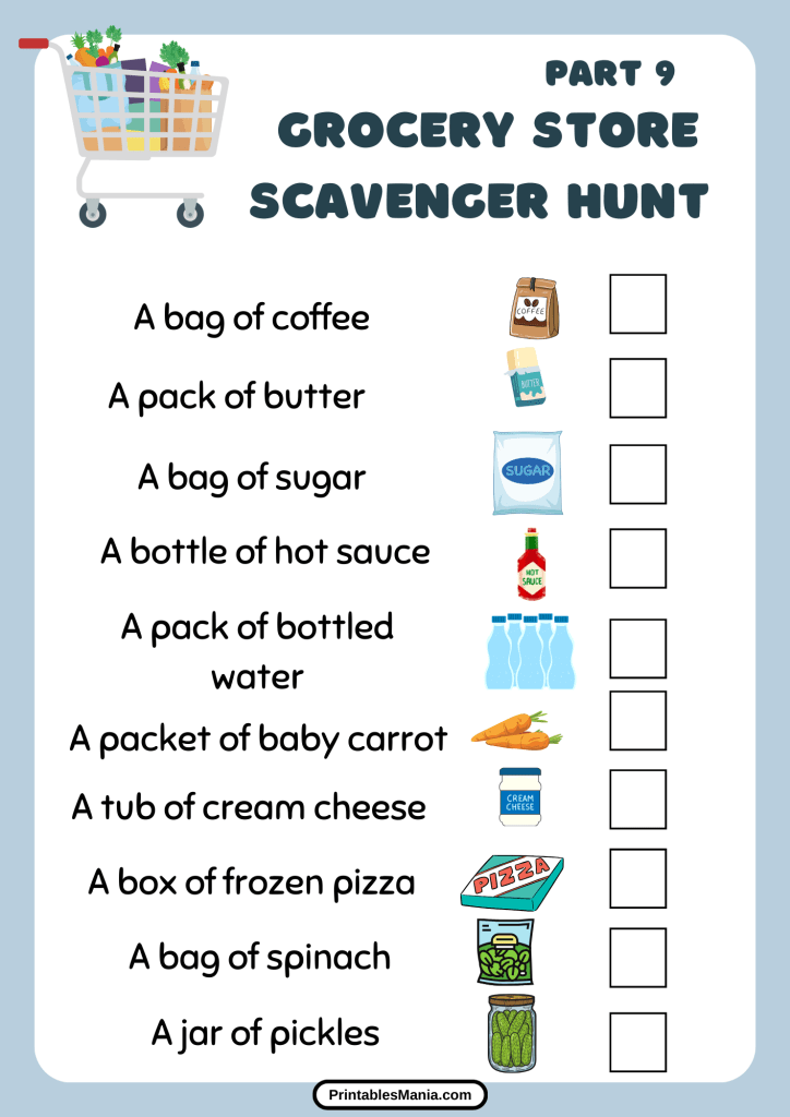 Printable Grocery Store Scavenger Hunt Checklist On A Shopping Cart