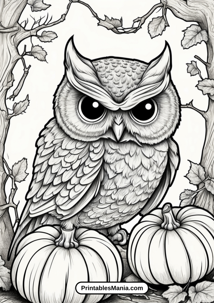 halloween owl coloring page with pumpkins