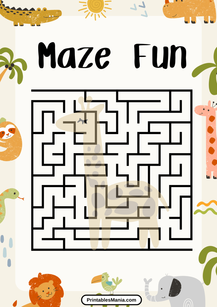 printable maze for kids with animal theme