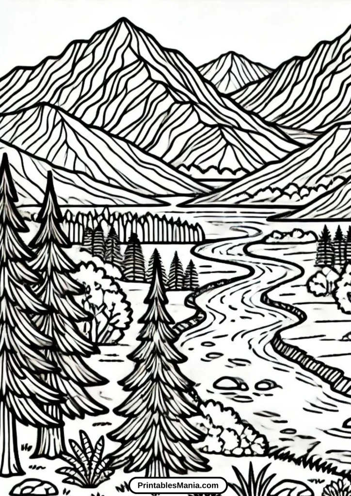 mountain landscape coloring page with trees and river