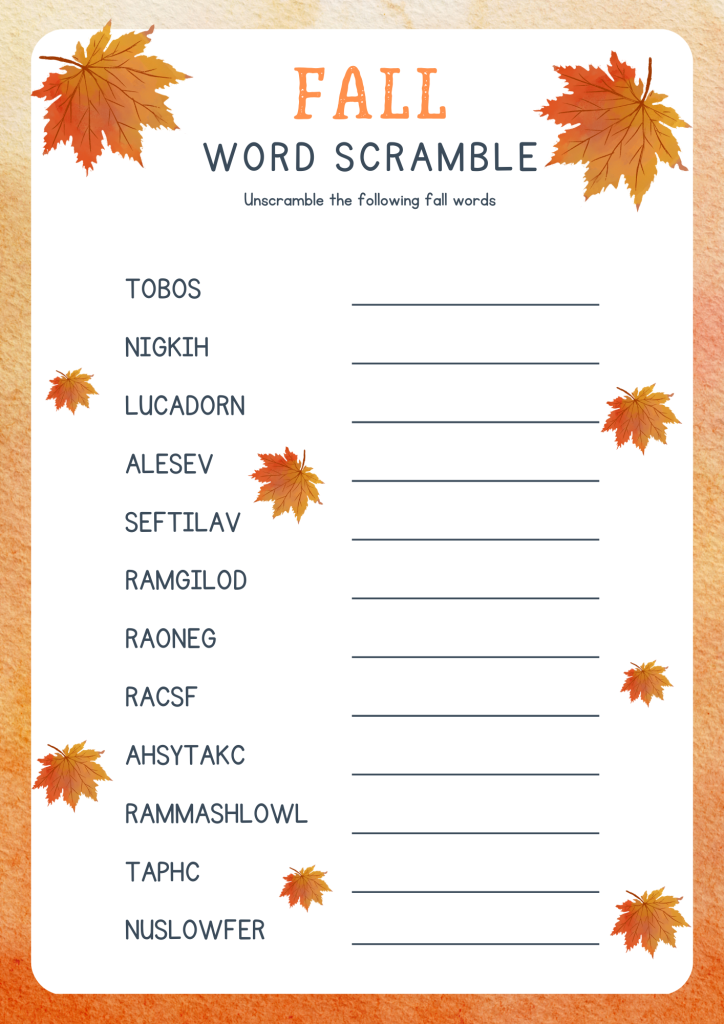 fall word scramble puzzle for kids and adults