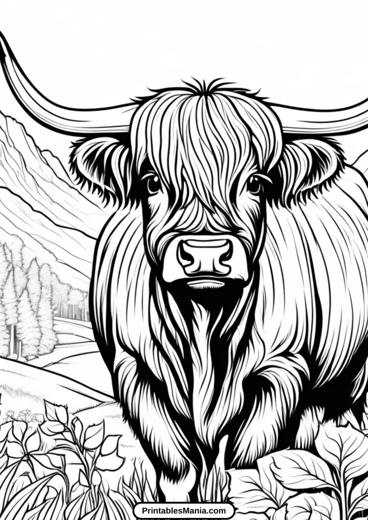 printable highland cow colouring page