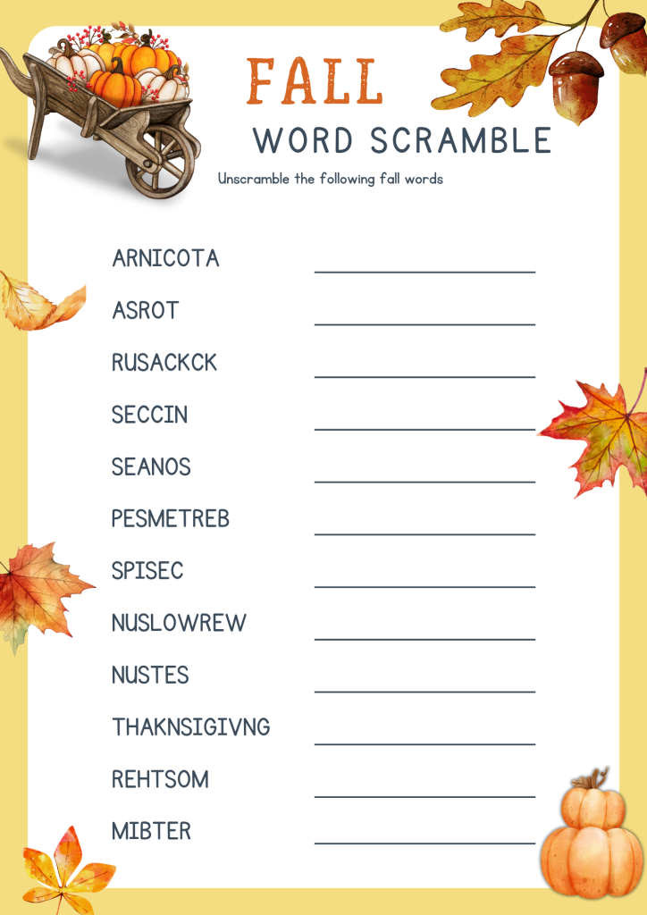 family-friendly fall word scramble game