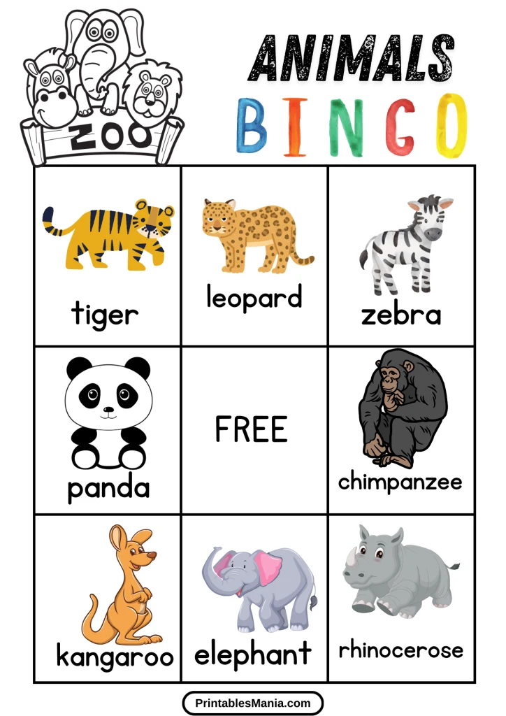 colorful zoo animal bingo printable