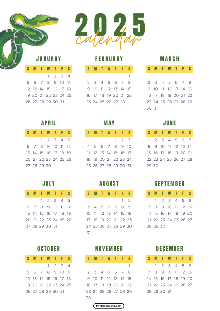 2025 full-year calendar one page