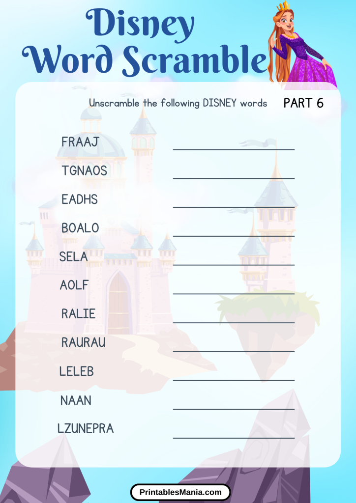 disney word scramble game with answer key