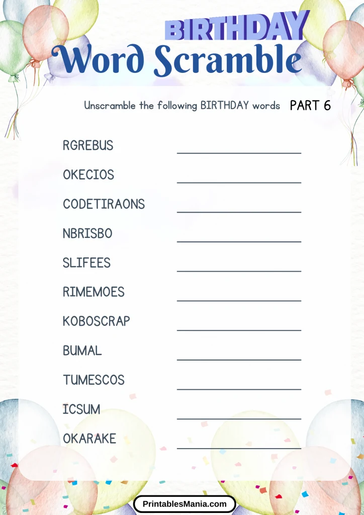 birthday word scramble printable