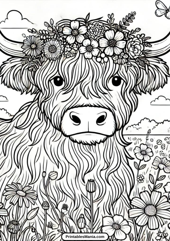 coloring page of a highland cow with horns