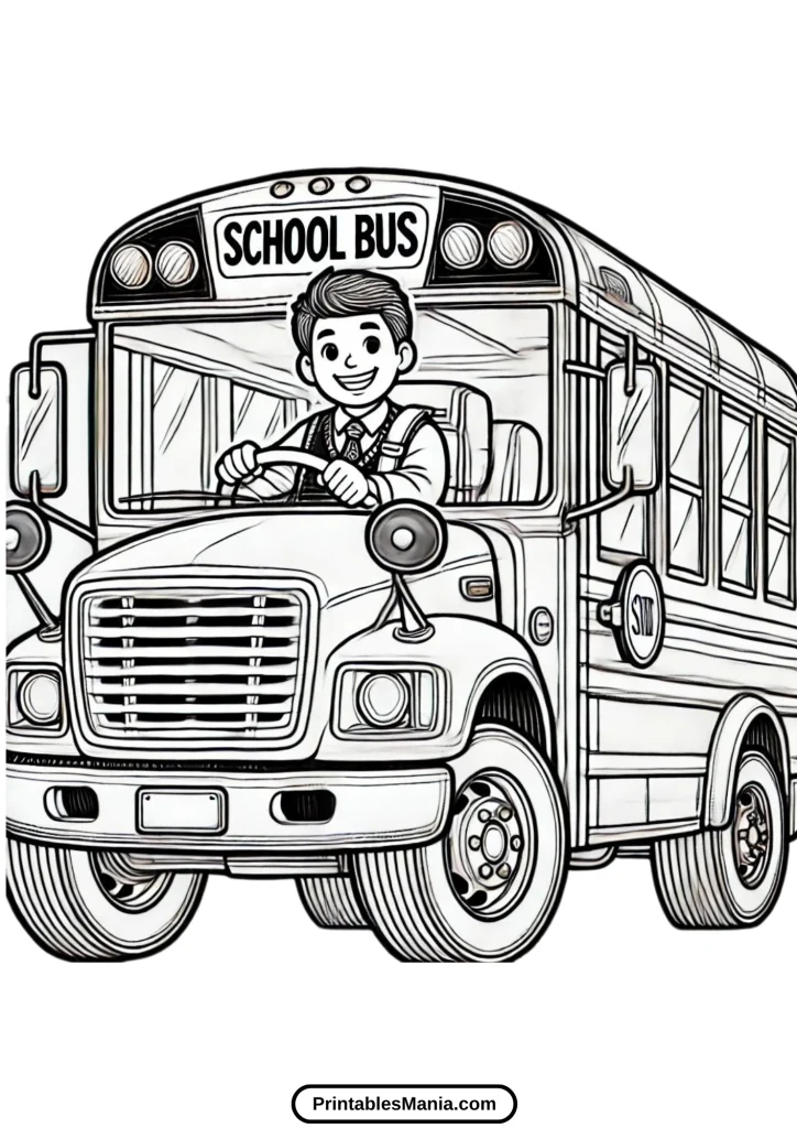 school bus coloring page with driver